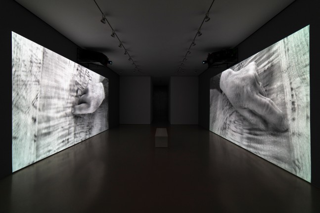 installation view of two video projections showing large hands over a wooden table in black and white