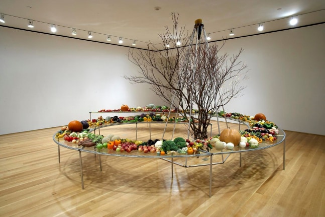 Mario Merz
Tavola a spirale (Spiral table), 1982
aluminum, glass, fruit, vegetables, branches, and beeswax
216 inches (548,6 cm) diameter
SW 82022
Dia Art Foundation