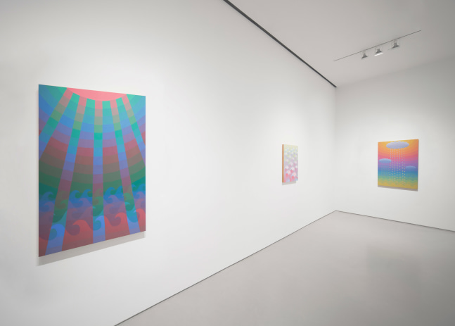 a white walled gallery with three paintings: on the left sun rays and waves painted in green, blue, and pink tones, in the middle smaller painting with light green and pink waves, and on the right a painting of a raincloud in rainbow colors