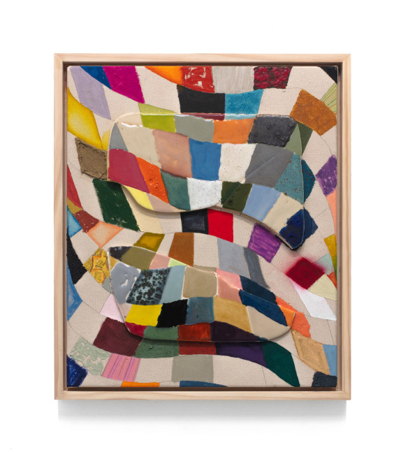 framed work on canvas with glazed ceramic attachments painted in and colorful and wavy grid pattern