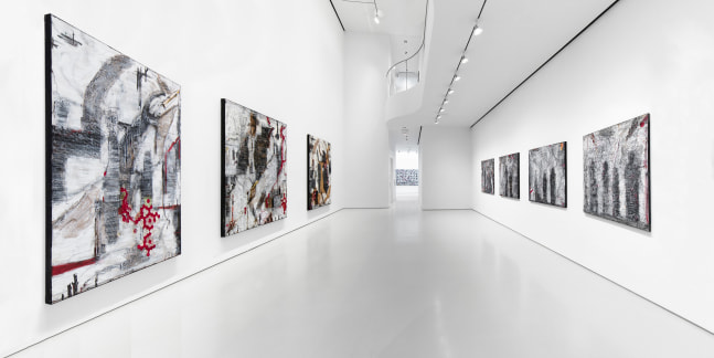 gallery installation view, walls are painted white with three large 8 foot by 6 foot canvases on the left wall, made of burlap and other painted fabrics. on the right are 4 x 4 foot artworks made of lace with shadowy figures painted atop