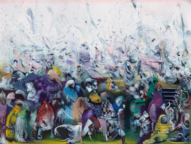Ali Banisadr
The Rise of the Blond, 2016
oil on linen
66 x 88 inches (167,5 x 223,5 cm)
67 x 89 x 4 inches (170 x 226 x 10 cm) frame
SW 16205