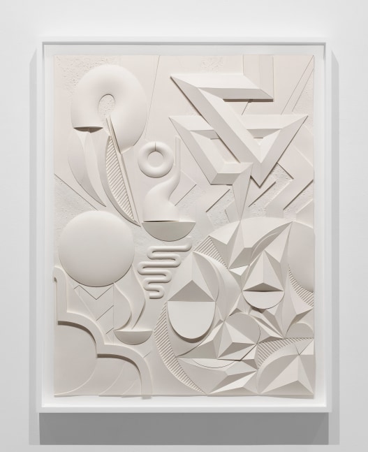 cream-colored monochromatic bas-relief with abstract geometric and organic forms