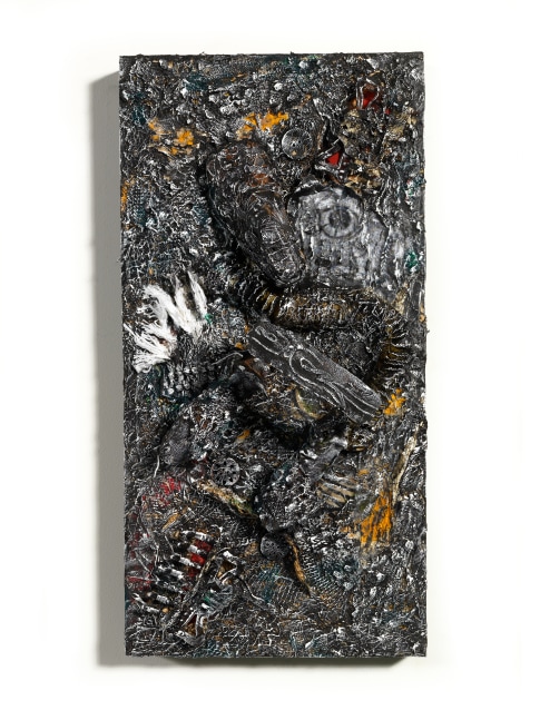 A vertical, rectangular bas-relief featuring represntative spirits constructed with myriad materials on wood in a orange, red, yellow, white, blue and grey pallette.