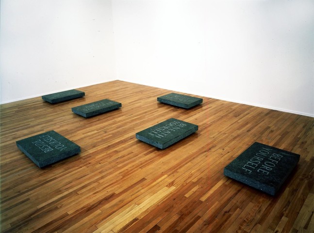 Bruce Nauman
Elliott&amp;#39;s Stones, 1989
granite
six stones; 3 3/4 x 39 7/8 x 25 5/8 inches (9,5 x 101,3 x 65,1 cm) each
Collection of Museum of Contemporary Art Chicago
