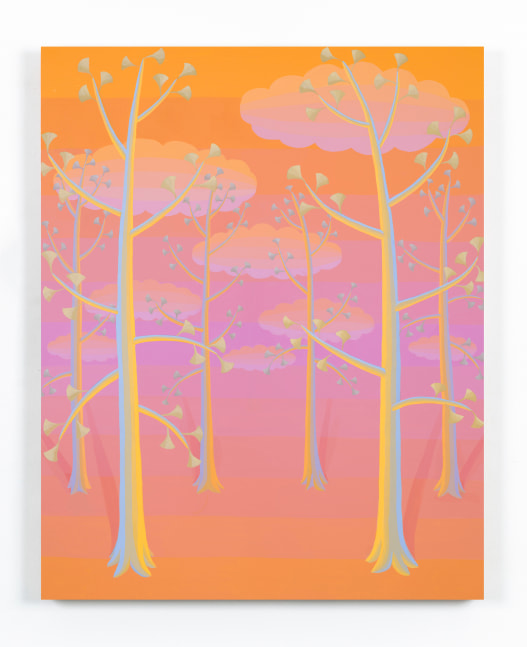blue and yellow trees standing against an orange and purple gradient background with clouds