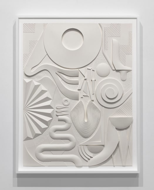 cream-colored monochromatic bas-relief with abstract geometric and organic forms