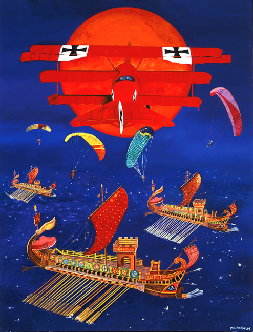 a red biplane flies towards a bright orange sun over Viking ships on the open sea as parachuters drop from the sky overhead