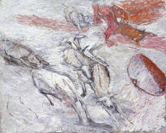 aerial view of five deer being chased by two dogs with two partial and abstracted human figures