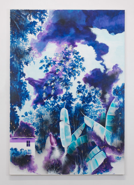 Blue, white, and purple artwork with banana leaves in foreground and trees and a house in background