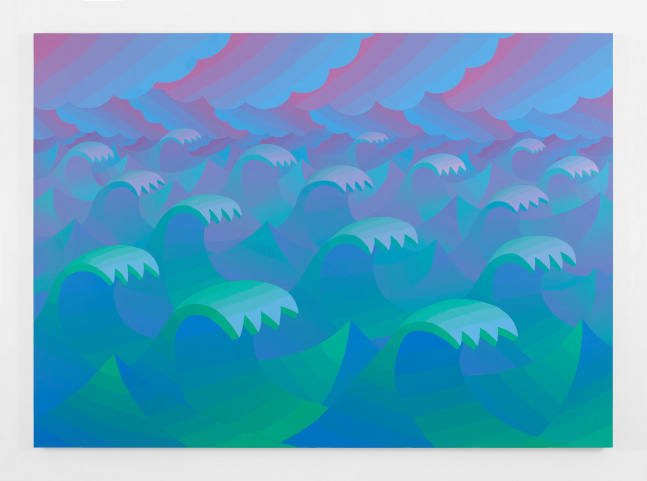 Colorful painting of stylized overlapping ocean waves in shades of blue and green beneath scalloped pink and blue clouds, creating a rhythmic, repeating pattern