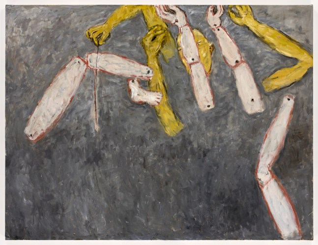yellow and flesh colored limbs floating over a grey background