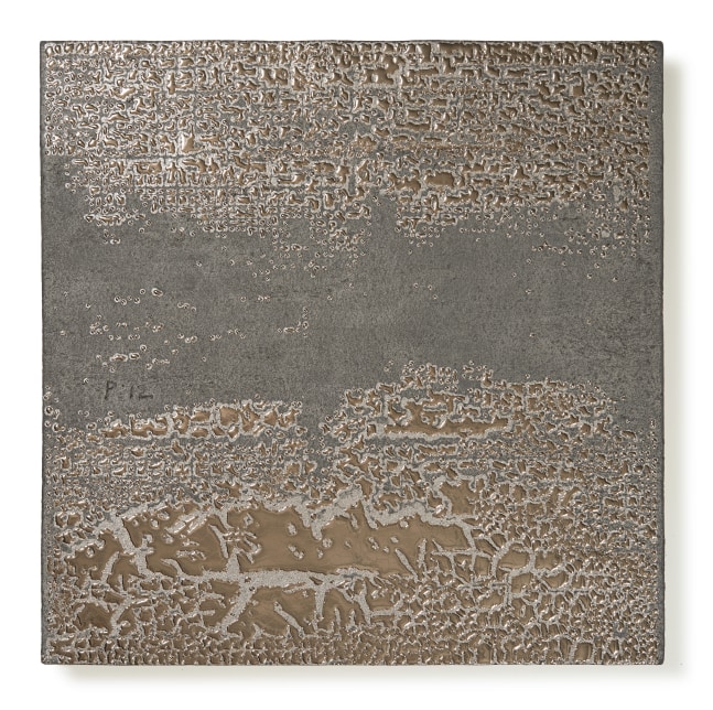 square ceramic panel with a platinum glaze in an abstract pattern