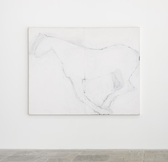 monochromatic white painting of the profile of a horse in motion