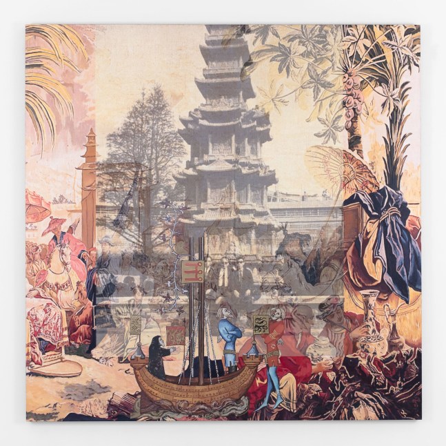The translusent image of a pagoda with three figures in suits seated in front, with medieval European painted figures in the foreground and mythical figures and flora surrounding the photo on the mixed media canvas.