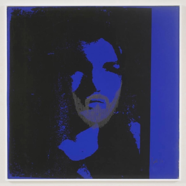 black silkscreen of Jackie Kennedy on a bright blue background with a beard drawn on her face