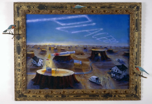 Frank Moore
The Great American Traveling Medicine Show, 1990-91
oil on board with frame and attachments
43 x 57 x 12 1/2 inches (109,2 x 144,8 x 31,8 cm)
SW 92634
Private Collection