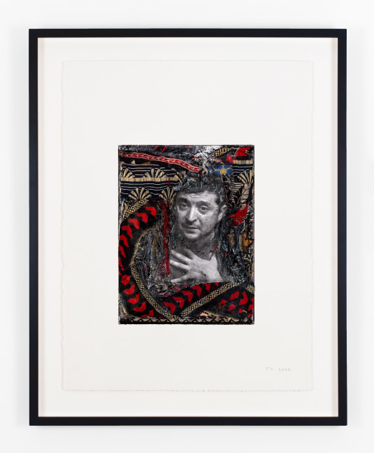 Peter Sacks

Resistance Series (Volodymyr Zelenskyy 3), 2022

mixed media on paper

30 x 22 1/2 inches (76,2 x 57,2 cm)
36 1/4 x 29 x 2 inches (92,1 x 73,7 x 5,1 cm) frame

Framed: 36 1/4h x 29w x 2d in
92.08h x 73.66w x 5.08d cm

SW 22270
