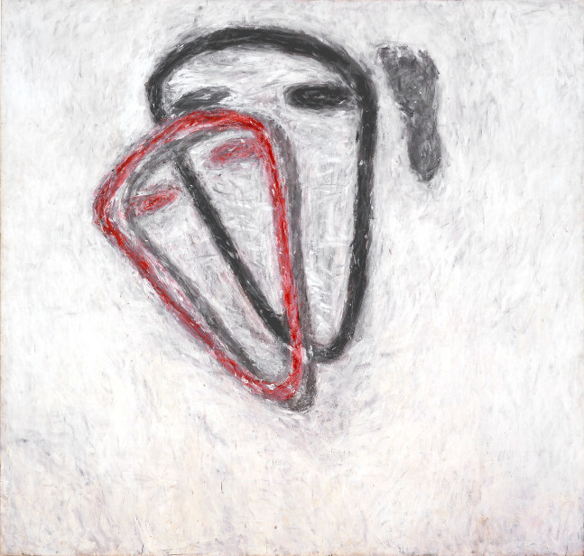 three outlines of heads in red black and grey with a black footprint on a white ground