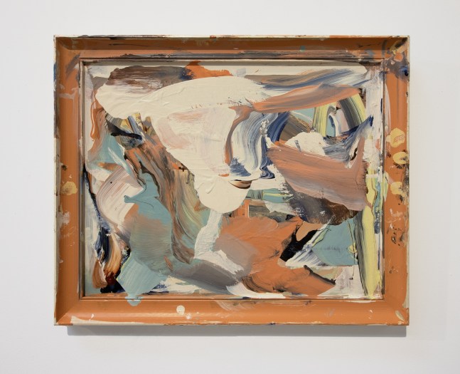 abstract painting with oranges, blue-gray, and off-white broad paint strokes in an orange found frame.