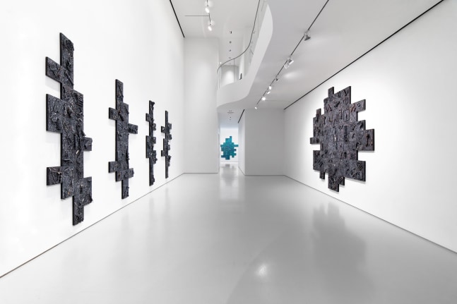 Installation view of &quot;Peter Sacks: For the Record&quot; featuring large scale artworks hung on wall in gallery.