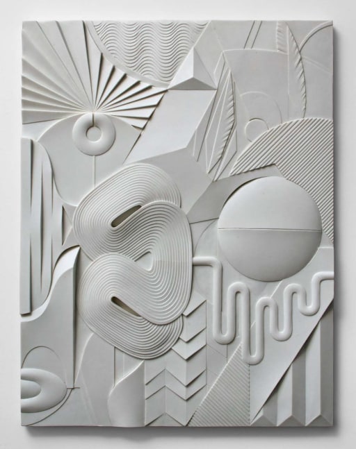 monochromatic bas-relief with abstract geometric and organic forms