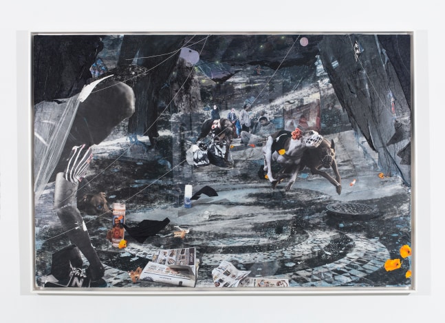 collaged painting with boys from The Wire gathered in the background and muzzled dogs racing while a boy ties New Balance sneakers in the foreground