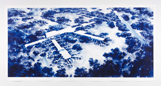 Blue and white large artwork featuring an airplane hangar with airplanes parked outside