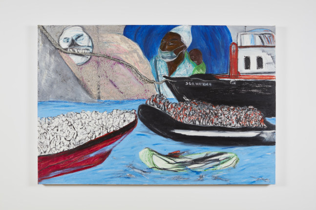 (Aan de ketting) &amp;ndash; Encha&amp;icirc;n&amp;eacute; Lesbos (Border Line), 2020
Oil stick and nepheline gel on canvas
39 1/2 x 59 inches (100.3 x 149.9 cm)