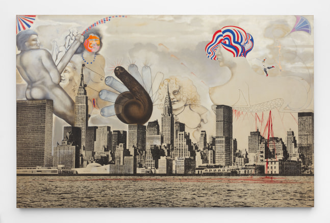Anita Steckel,&amp;nbsp;Skyline on Canvas #2 ((Red, White and Blue (Black Cock Canon)), c. 1971