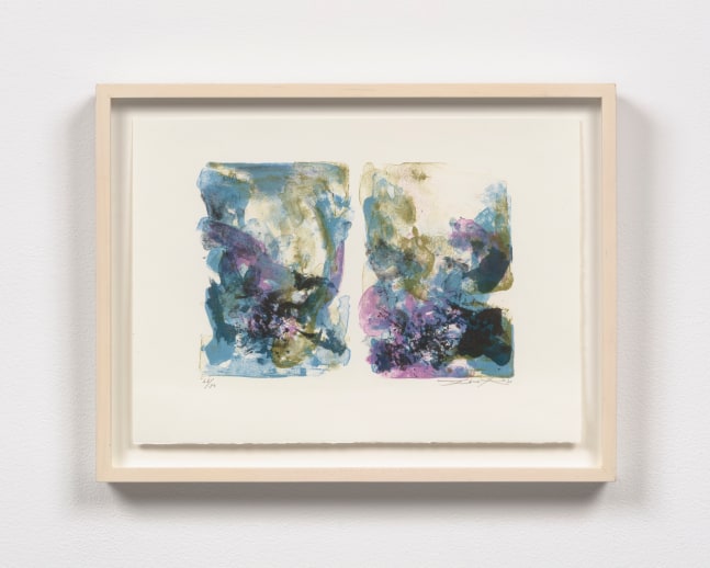 A blue, green, and lavender horizontal lithograph with two vertical compositions on a white background