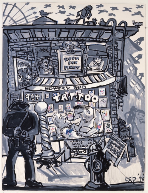 acrylic on board work by Red Grooms in mostly black and white featuring the outside view of a tattoo parlor and a person with his hands behind is back and looking inside the shop as the artist works on his client