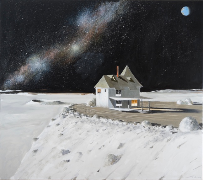 Painting of a house in an isolated area overlooking a starry night sky