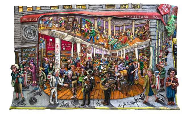 Acrylic, ink, mixed media and epoxy mounted on wood artwork by Red Grooms featuring the outside view of the Strand filled with many figures in exaggerated perspective