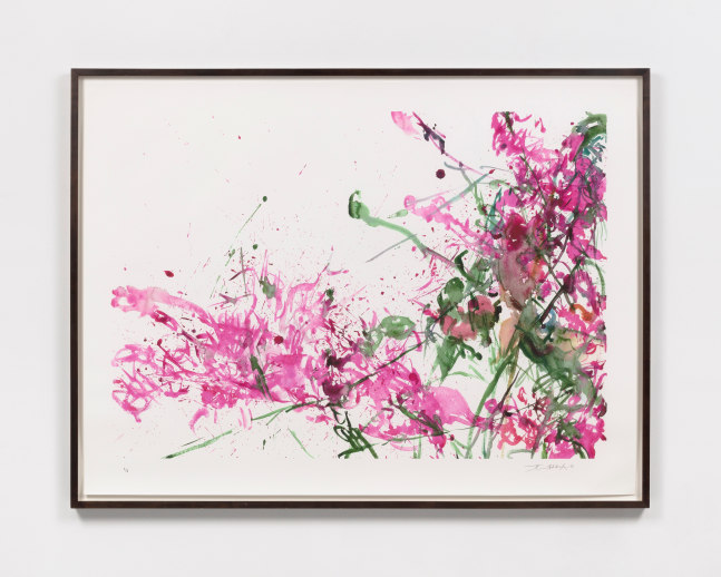 A colorful, movement filled serigraph by Zao Wou-Ki in pink and green on white paper