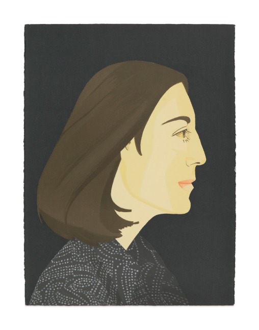 Color silkscreen with lithograph portrait by Alex Katz featuring the profile view of a woman with brown shoulder length hair and wearing a black and grey speckled top against a navy blue background