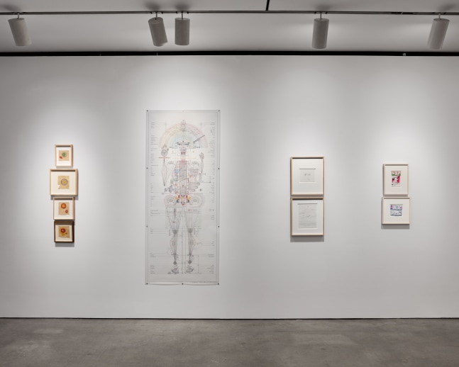 Installation view of &quot;Schema World as Diagram&quot; featuring four artworks on a gray wall.