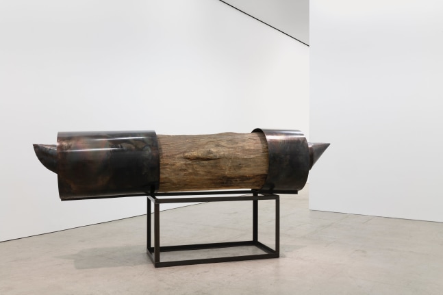 Sculpture by Magdalena Abakanowicz featuring a log with iron wrappings and an iron cage
