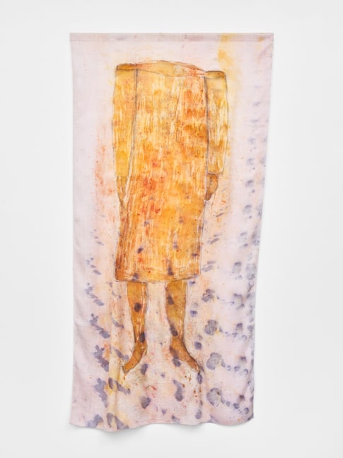Hand-dyed textile featuring an orange headless figure on a pinkish-purple background