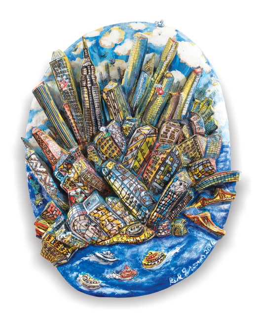 Acrylic, ink, mixed media and epoxy mounted on wood artwork by Red Grooms of a bird's-eye view of Manhattan featuring a blue cloudy sky, many buildings, and boats in motion