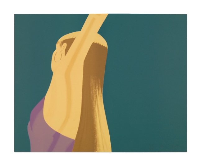 Color lithograph by Alex Katz featuring the side of a woman dancing with her arms stretched above her head and wearing a lavender top and gold hoop earrings against a blue background