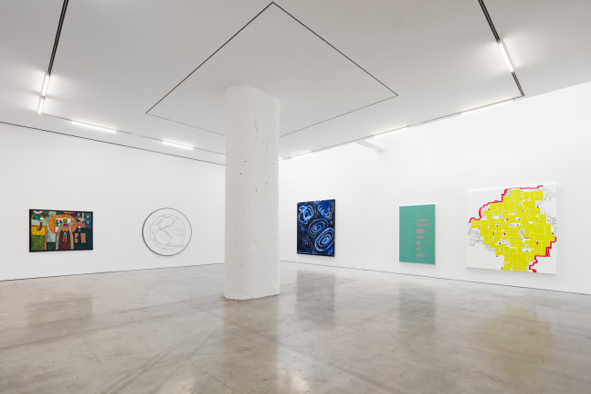 Installation view of &quot;Schema World as Diagram&quot; featuring five paintings in a white space.