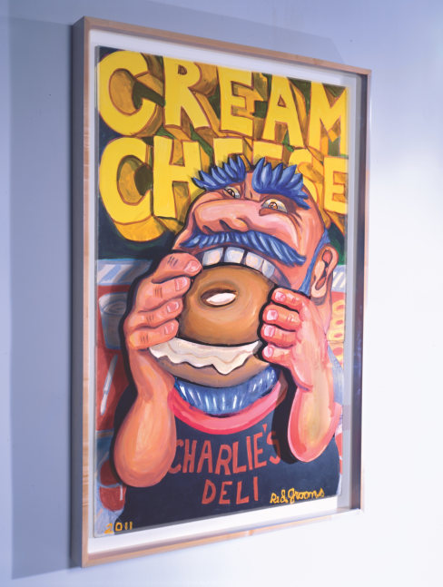 A Red Grooms style portrait of a man with blue hair eating a bagel.