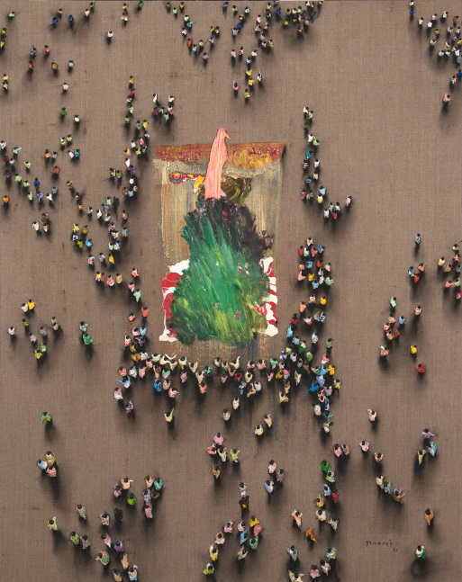 Aerial view of crowds of people hoarding around abstract art on ground by Juan Genovés.