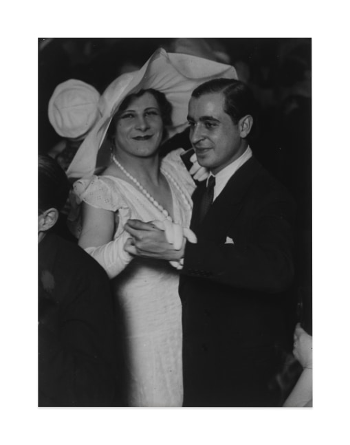 Black and white photographic portrait of homosexual couple at the Magic City Ball, Paris