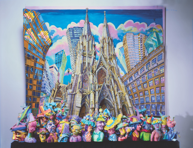 Mixed media construction by Red Grooms of a multi-dimensional scene outside of a cathedral surrounding by buildings and pink clouds. Sculpted figures wearing hats and in movement line the bottom of the canvas lining outside of the cathedral.