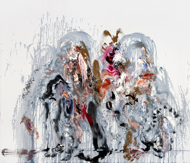 Painting by Maggi Hambling featuring dripping swirls of blue, pink, and brown paint