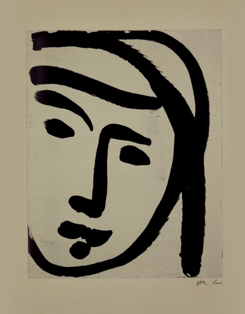 B&amp;eacute;douine au large visage, 1947

aquatint on annam appliqu&amp;eacute; on wove paper, stamped with initials H.M. and stamped Essai, a proof aside from the edition of 25

plate: 12 7/16 x 9 7/8 in. / 31.6 x 25 cm

Sheet: 20 1/16 x 14 15/16 in. / 51 x 37.9 cm

Duthuit 780

Catalogue no. 67