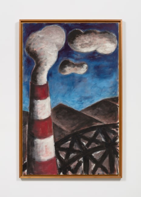Framed oil on canvas vertical painting by Dieter Hacker of a landscape scene featuring a lighthouse and a blue sky