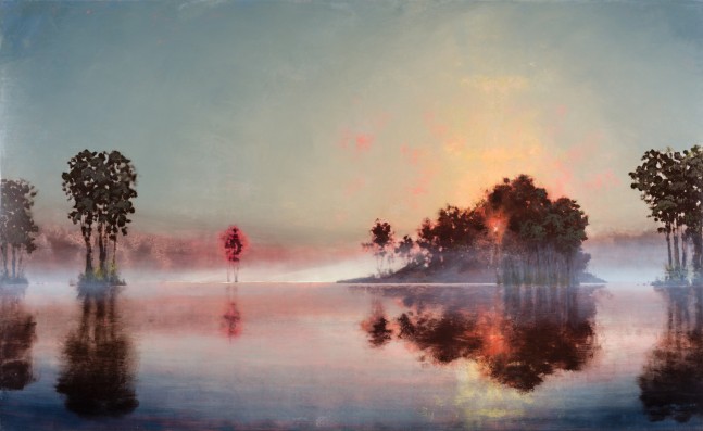 Landscape painting depicting the sun's reflection onto foggy water with pink hues by Stephen Hannock.